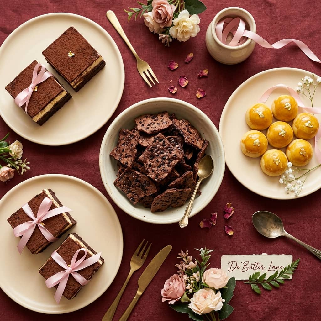 Aneka kue kering dan brownies premium De'Butter Lane tersaji di atas meja maroon